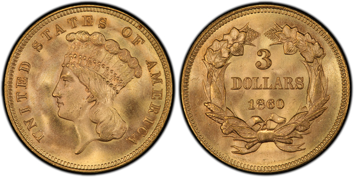 1860 Three-Dollar Gold Piece. MS-67+ (PCGS).